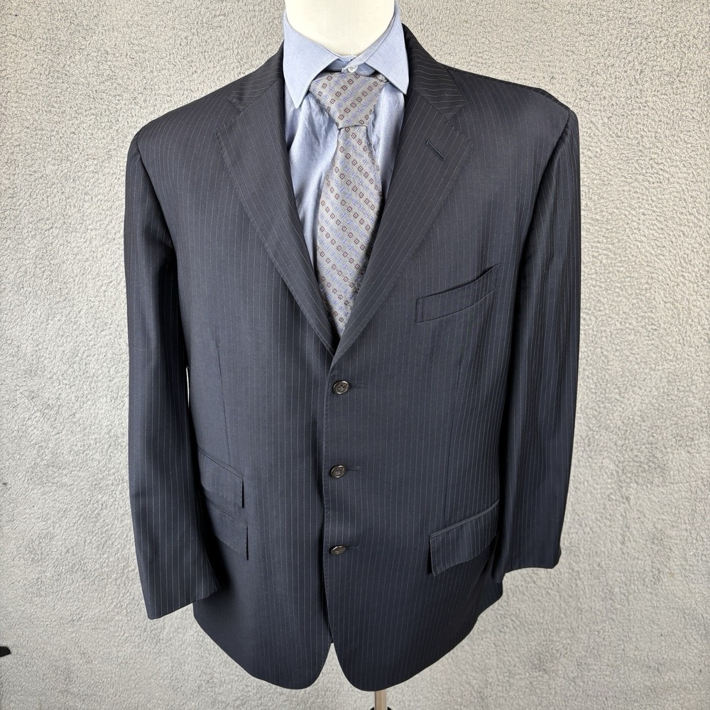Vtg Polo Ralph Lauren 44R Blazer Navy Pinstripe 3 Button Wool‎ Jacket Made Italy